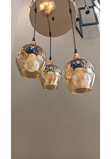 3'lü Krom Şapkalı Sarı Açık Ağız Camlı Sarkıt Avize Gold