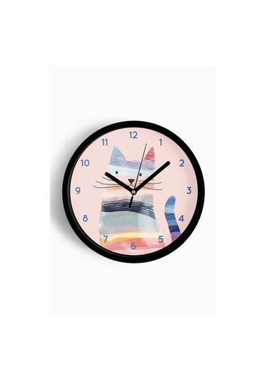 Renkli Kedi Tasarım Modern Duvar Saati - Çocuk Odası Duvar Saati - 30cm - Önü Camlı Siyah Kasa-jh1127 Siyah