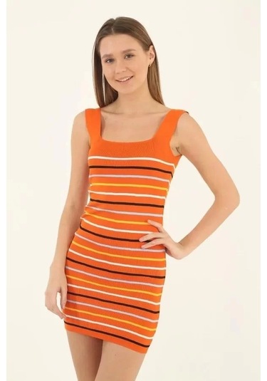 Kadın Kare Yaka Midi Boy Likralı Polelit Elbise - Turuncu Turuncu