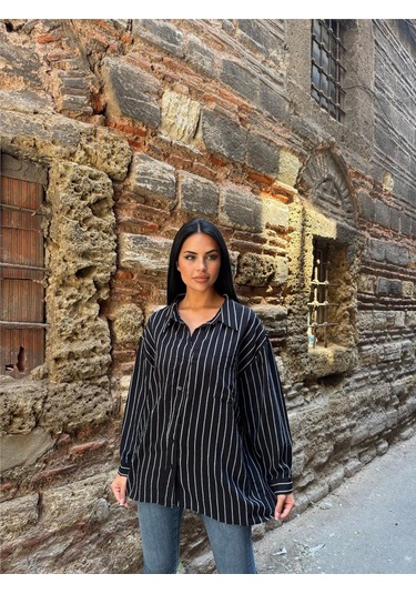 Siyah Çizgili Oversize Pamuklu Düğmeli Gömlek Siyah