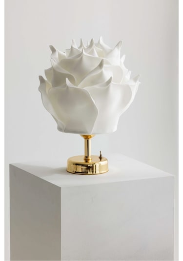 2'li Dekor Yapay Eva Gül Kablosuz Masa Lambası Üst Beyaz-alt Parlak Gold 9v Kare Pil 2 Adet