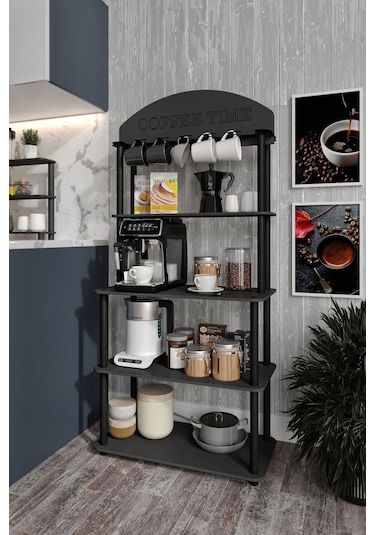 Coffee Time Dekoratif Kahve Standı Çok Amaçlı Dolap Siyah Siyah