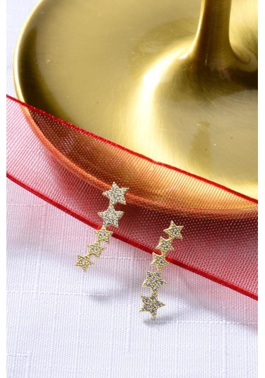 925 Ayar Gümüş Yıldız Desenli Sallantılı Gold Küpe Altın