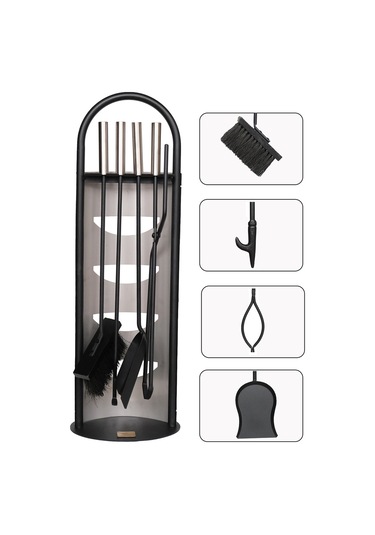 5 Li Lüx Ithal İnox Standlı Şömine - Soba Maşa Takımı Aksesuar Seti