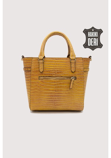 Hakiki Deri Kadın El Çantası Hardal Kroko Smr7922 Hardal Kroko