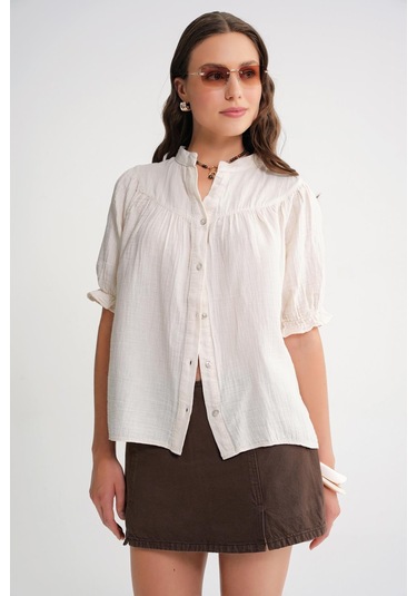 4725 Kadın Büzgü Robalı Kolu Fırfırlı Müslin Gömlek Naturel Naturel