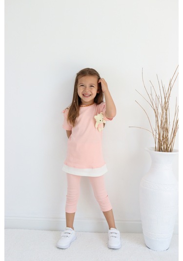 Kız Çocuk Ayıcık Oyuncaklı Kaprili Yazlık Basic Takım 2-5 Yaş Somon