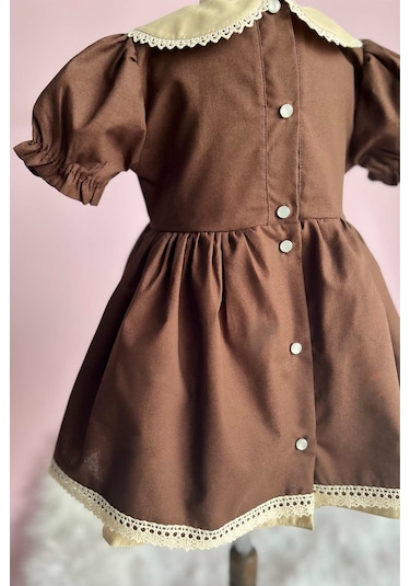 Dantel Detaylı Bebe Yaka Kahve Camel Vintage Kız Çocuk Bebek Bayram Elbise 001