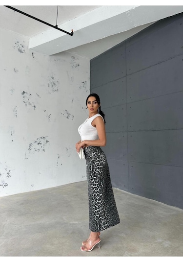 Zeo Basic Leopar Desenli Maxi Etek Haki
