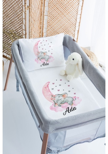 Lilabio %100 Pamuk Saten İsme Özel İsimli 70x120 Park Yatak Nevresim Seti Uyuyan Fil