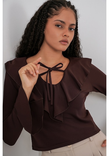 Kadın Uzun Kol Crop Bluz 979 - Kahverengi Kahverengi