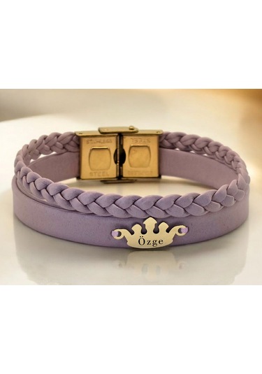 Archin Özge İsmine Özel Doğal Mor Derili Taç Figürlü 14 Ayar Altın Plakalı Hediye Bileklik-637isim Özge