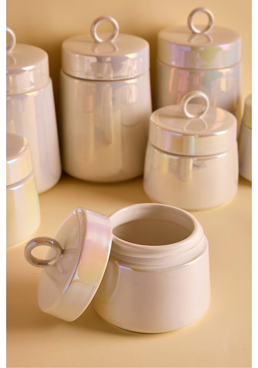 Luca Luster 7'li Ergonomik Porselen Baharatlık Seti Yuvarlak Kulplu Kapaklı Set Beyaz Beyaz