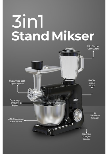 Sinbo SMX-2775 1500 W 3 In 1 Stand Mikser