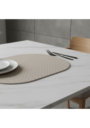 2 Adet Deri Amerikan Servis-örgü Desenli Bej Tam Oval Amerikan Servis