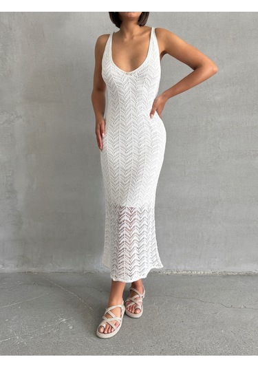 Kadın Askılı Ajurlu Yazlık Triko Elbise Ekru
