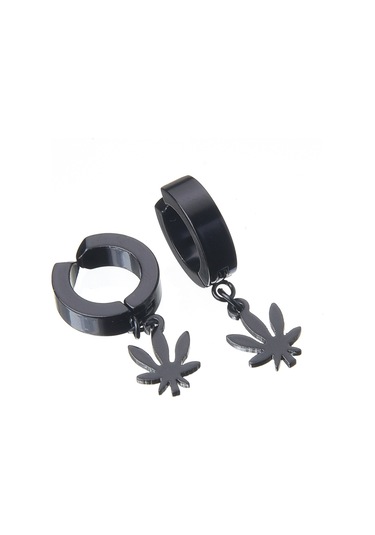 Sallanan Yaprak Sıkıştırmalı Siyah Erkek Küpe Çelik Takı p24 t5 Çelik