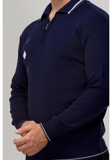 Kamalı Erkek Çelik Örgü Intarsia Gofra Desen Fermuarlı Polo Yaka Tüylenmez Premium Triko Kışlık Baba Kazak Lacivert