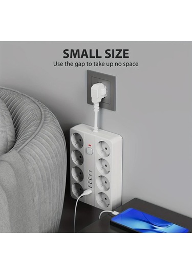 Honeybeeshop 14ü 1 Arada Şarj Koruma Güç Şeridi 8 Ac Çıkış 4 Usb A 2 Type C Beyaz Siyah Beyaz