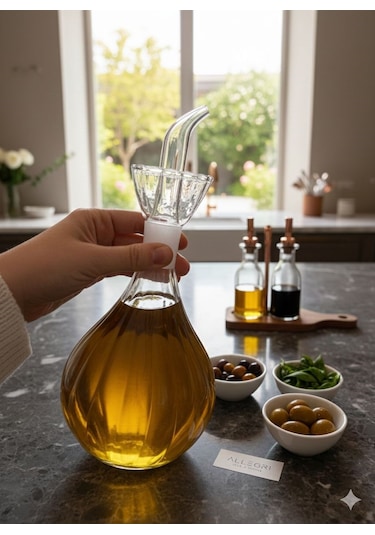 Qerhome Mermer Stantlı Borosilikat Cam 2'li Tombul Papatya Yağdanlık Seti 1000 Ml Beyaz