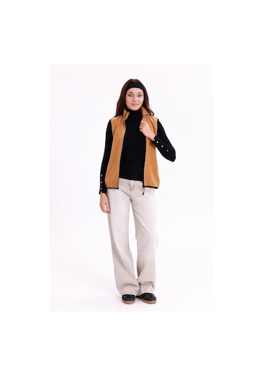 Monox Kadın Slim Fit Tam Fermuarlı Polar Yelek Kahve