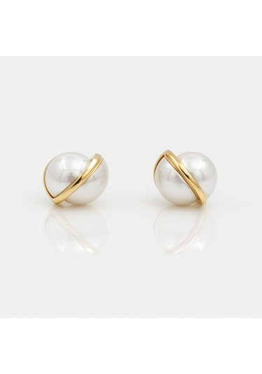 14k Gold Plated Pearl Balance Stud Küpe Gold