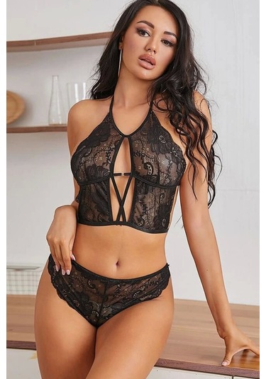 Kadın Siyah Dantel Çapraz İpli Bralet Sütyen Takım Siyah