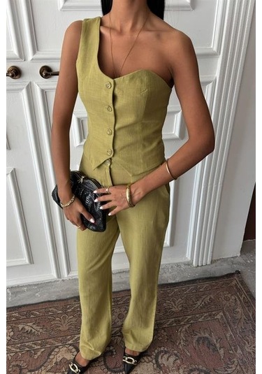 Tek Omuz Büstiyer Plazzo Pantolon Viscon Takım 10159 Çağla