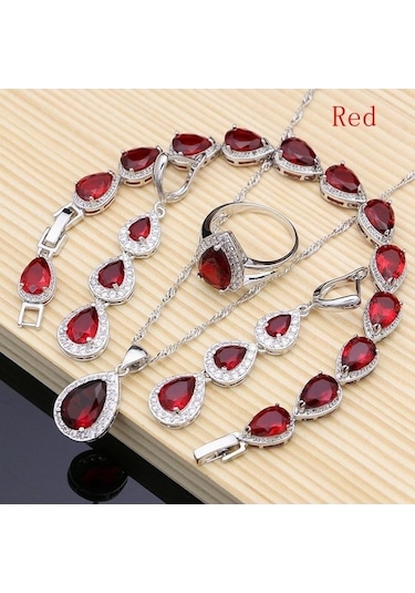 Novahub Kırmızı Gümüş Renk Takı Mavi Kübik Zirkonya Takı Setleri Kadınlar Için Küpe Kolye Yüzük Bilezik 7.5 Kırmızı