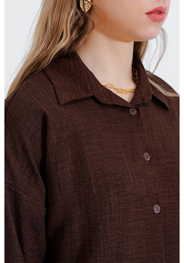 Bigdart Kadın Kahverengi Oversize Keten Alt Üst Takım 6622 6622bgd19-002-14380 001