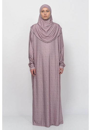 Pratik Tek Parça Çiçek Desenli Kollu Tak Çıkar Başörtülü Likralı Tesettür Namaz Elbisesi 990-0201 Bej Antrasit