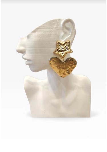 Yıldız Ve Kalp Detaylı Gold Küpe Altın