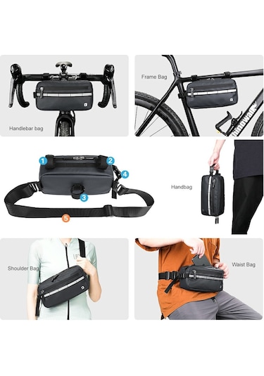 Rhınowalk Çok Fonksiyonlu Gidon Bisiklet Çantası Bisiklet Ön Çantası Omuz Çantası Bel Çantası - Siyah