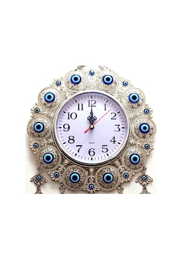 Nazar Boncuklu Gümüş Kaplama Solmaz Kararmaz Duvar Saati Çok Renki