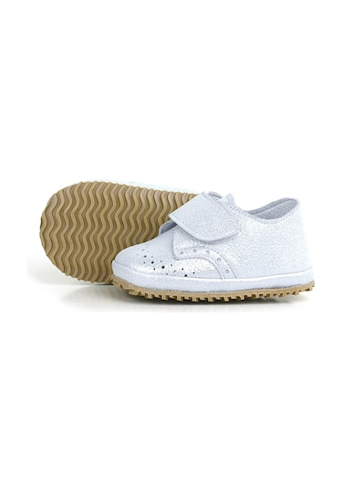 Hakiki Deri Gümüş Gri Cırtlı Bebek Patik Ayakkabı Gümüş