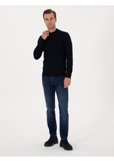 Cacharel Lacivert Slim Fit Yün Karışımlı Çeyrek Balıkçı Basic Triko Kazak