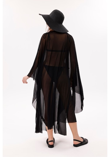 Tarzını Seç Kimono Pareo - Tesettür Pareo - Esnek Likralı Tül Siyah 240x135 Cm Çok Renkli