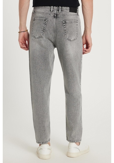 Erkek Relax Fit Geniş Kesim Boru Paça Denim Yıkamalı Taşlamalı Esnek Gri Jean Kot Pantolon-34488 Gri