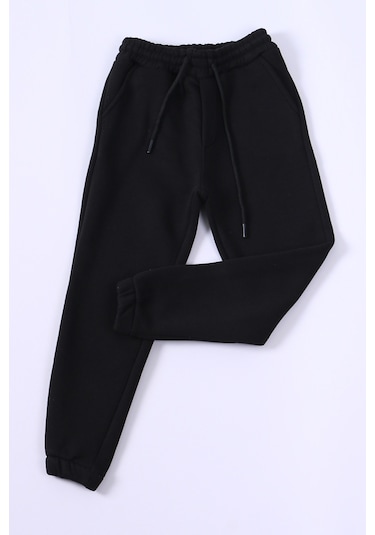 Çocuk 3 İplik Eşofman Altı Düz Renk Ribanalı E28 Siyah