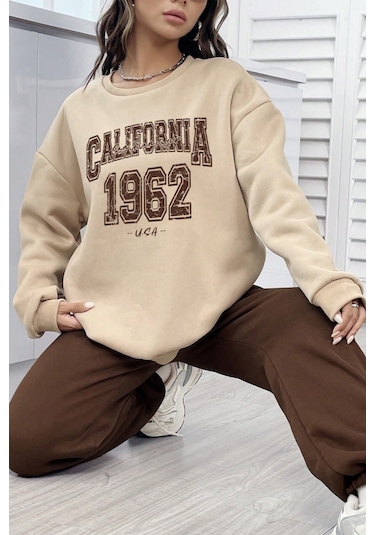 Modagen Unisex Kahverengi Bej Bisiklet Yaka California Baskılı Alt-üst Eşofman Takımı Kahve-bej