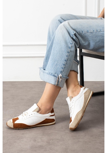 Shoetek Rounya Kadın Sneakers Bağcıklı Spor Ayakkabı Beyaz Vizon Süet Vizon