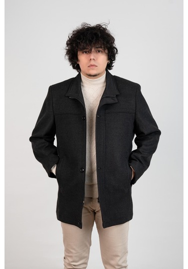 Yakalı Klasik Kesim Fermuarlı Kaşe Erkek Kaban Antrasit