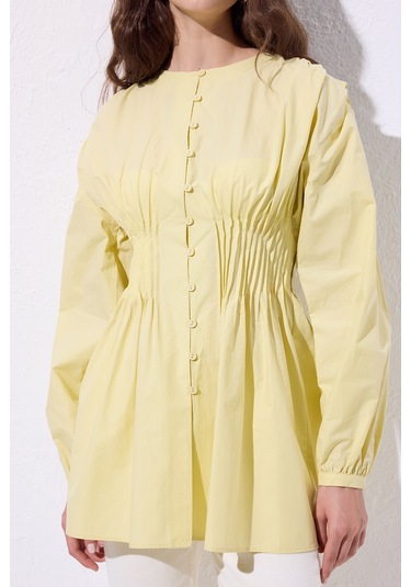 Beli Pile Detaylı Uzun Kol Bluz Sarı Sari