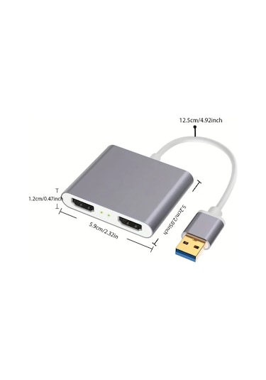 Boatshop1 Gri Usb3.0 Çift Hdtv Video Adaptörü Bilgisayar Laptop Ve Projektör İçin Çift Ekran 1080p 60hz 12.5cm Kablo