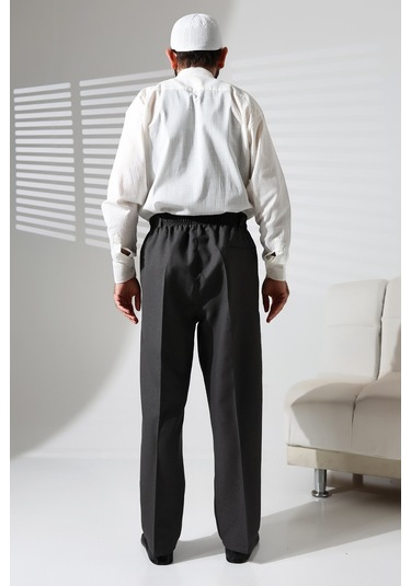 Erkek Beli Lastikli Cepli Hac Ve Umre Kışlık Yün Efektli Şalvar Pantolon - Füme İsr Füme