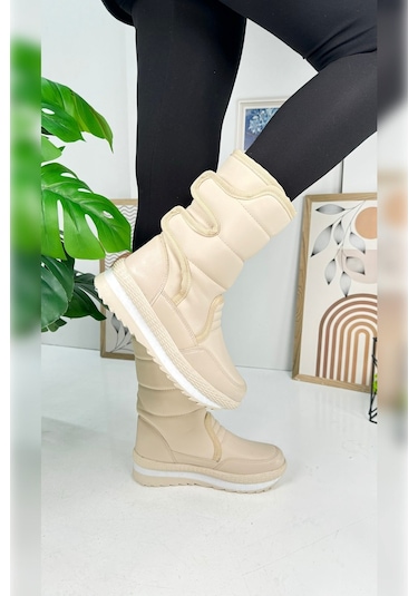 Nstil Alves Unisex Kadın - Erkek - Çocuk Kar Botu İçi Kürklü Cırt Cırtlı Kaymaz Taban Ayakkabı 802 Bej