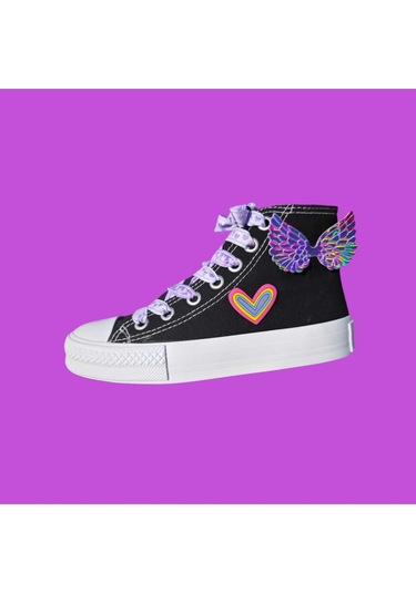 Kanatlı Kalpli Tasarım Tasarım Mor Kalp Bağcıklı Sneaker Kız Çocuk Spor Ayakkabı Siyah