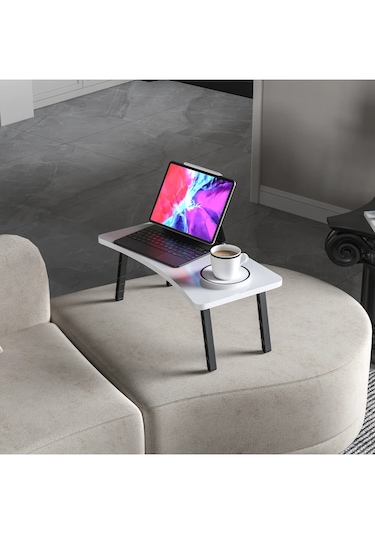 Alpa Ev Mobilya Katlanabilir Laptop Sehpası, Taşınabilir Katlanır Masa, Kahvaltı Ve Çalışma Masası Beyaz