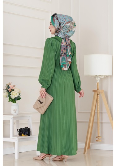 Yakası Güpür Nova Elbise-yeşil-5033 Yeşil