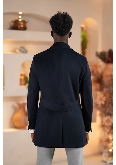 Paul Martin İtalyan Yaka Yünlü Kruvaze Kaşe Kaban Lacivert